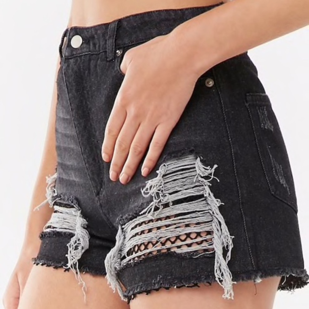 Wild Honey Black Distressed Fishnet Jean Shorts